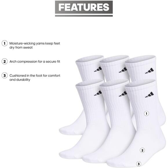 Mens Athletic Crew Socks 6 Pack Cushioned Moisture Wicking Arch Support White Bl - Picture 4 of 7